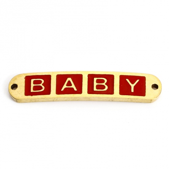 Picture of 2 PCs Vacuum Plating 304 Stainless Steel Valentine's Day Connectors Charms Pendants 18K Gold Plated Red Rectangle Message " baby " Enamel 3cm x 0.6cm