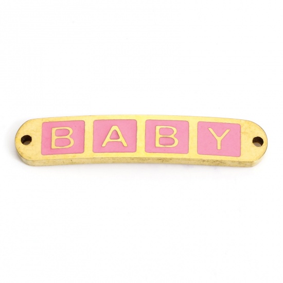 Picture of 2 PCs Vacuum Plating 304 Stainless Steel Valentine's Day Connectors Charms Pendants 18K Gold Plated Pink Rectangle Message " baby " Enamel 3cm x 0.6cm
