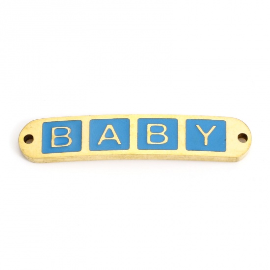 Picture of 2 PCs Vacuum Plating 304 Stainless Steel Valentine's Day Connectors Charms Pendants 18K Gold Plated Skyblue Rectangle Message " baby " Enamel 3cm x 0.6cm