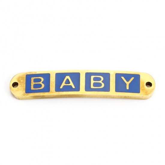 Picture of 2 PCs 304 Stainless Steel Valentine's Day Connectors Charms Pendants 18K Gold Color Dark Blue Rectangle Message " baby " Enamel 3cm x 0.6cm