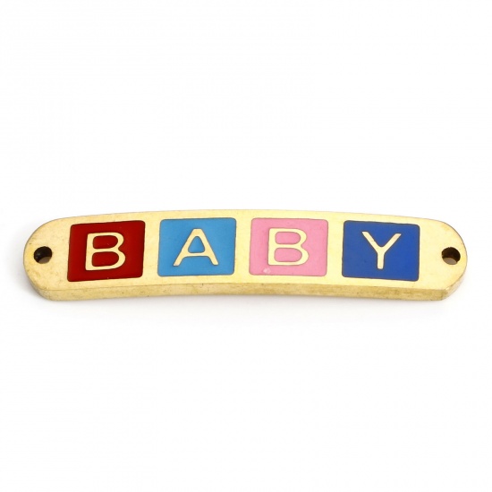 Picture of 2 PCs Vacuum Plating 304 Stainless Steel Valentine's Day Connectors Charms Pendants 18K Gold Plated Multicolor Rectangle Message " baby " Enamel 3cm x 0.6cm