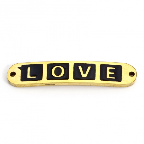 Imagen de 2 Unidades Enchapado al Vacío 304 Acero Inoxidable día de San Valentín Conectores Dijes Colgantes Rectángulo Chapado en Oro de 18K Negro Mensaje " Amor " Esmalte 3cm x 0.6cm