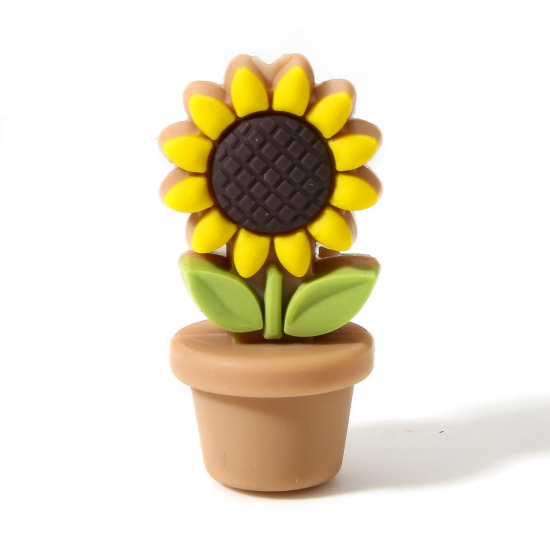 Immagine di 2 Pz Silicone Collezione Flora Perline per la Creazione di Gioielli con Ciondoli Fai-da-te Marrone Chiaro Girasole 3D Circa 3cm x 1.5cm, Foro: Circa 2.4mm