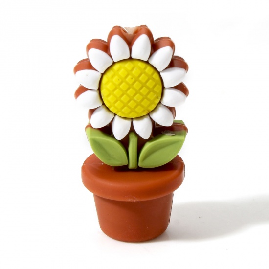 Immagine di 2 Pz Silicone Collezione Flora Perline per la Creazione di Gioielli con Ciondoli Fai-da-te Marrone Girasole 3D Circa 3cm x 1.5cm, Foro: Circa 2.4mm