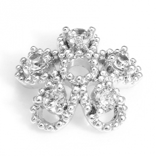 Image de 2 Pcs Coupelles en Laiton Fleur Plaqué Platine Véritable Creux à Zircone Cubique Clair (Apparié à Perle 12mm ) 9mm x 8mm