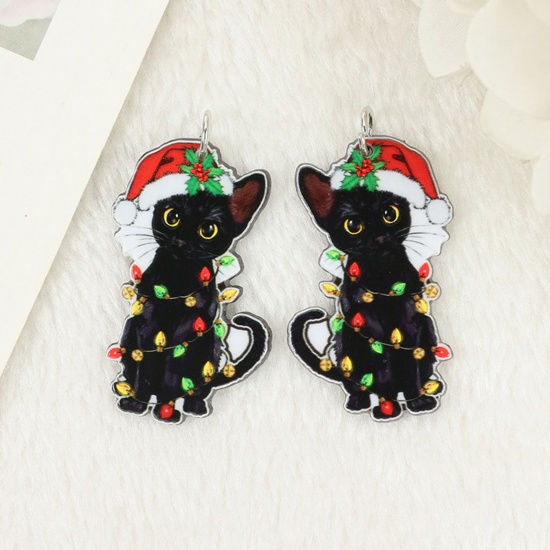 Picture of 5 PCs Acrylic Christmas Pendants Cat Animal Christmas Hats Multicolor Double Sided Without Jump Ring 4.6cm x 2.6cm