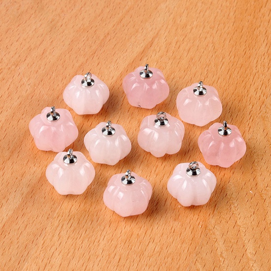 Picture of 1 Piece Rose Quartz ( Imitation ) Charms Silver Tone Light Pink Halloween Pumpkin 13mm x 10mm