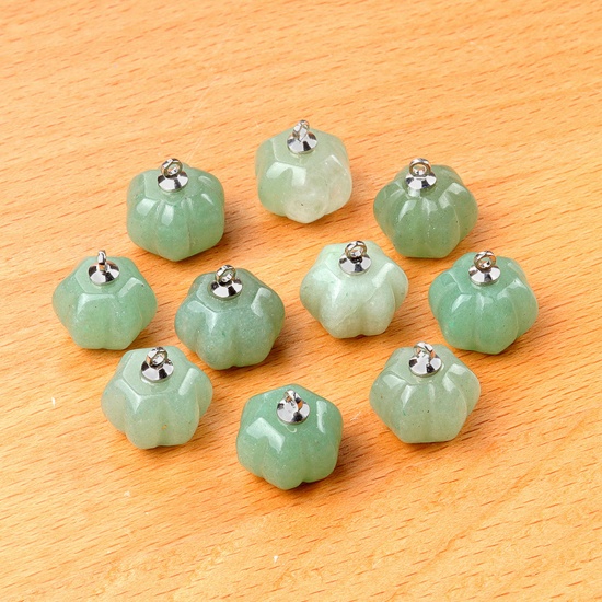 Picture of 1 Piece Aventurine ( Natural Dyed ) Charms Silver Tone Green Halloween Pumpkin 13mm x 10mm
