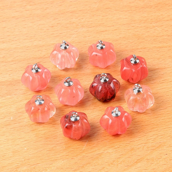 Picture of 1 Piece Cherry Quartz ( Natural Dyed ) Charms Silver Tone Watermelon Red Halloween Pumpkin 13mm x 10mm