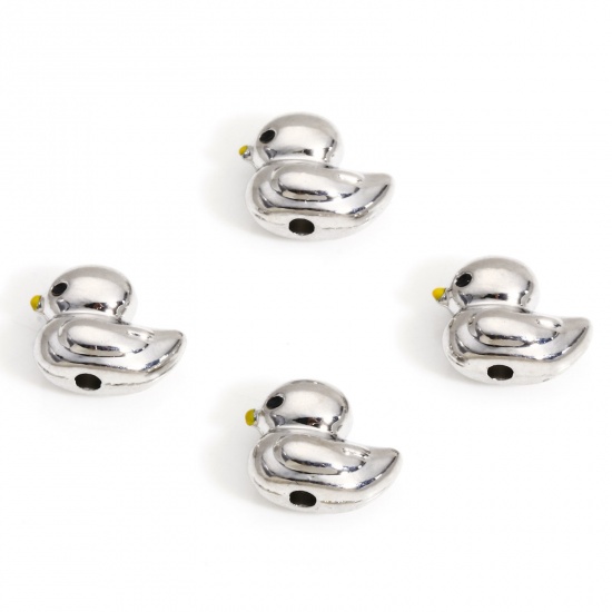 Picture of 10 PCs Zinc Based Alloy Spacer Beads For DIY Charm Jewelry Making Silver Tone Duck Animal 3D About 11mm x 9mm, Hole: Approx 1.5mm