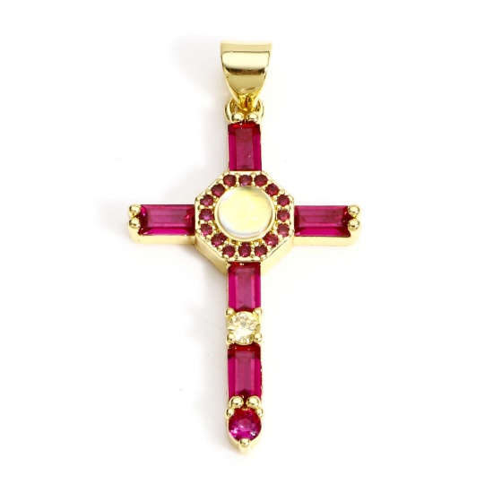 Imagen de 1 Unidad Latón Religión Colgantes Cruz 18K Oro Real Chapado Micro Pave Fucsia Circón Artificial 3.5cm x 1.8cm