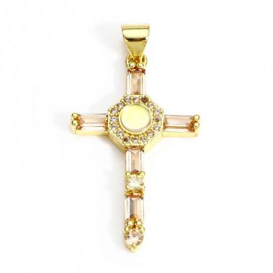 Imagen de 1 Unidad Latón Religión Colgantes Cruz 18K Oro Real Chapado Micro Pave Champán Circón Artificial 3.5cm x 1.8cm