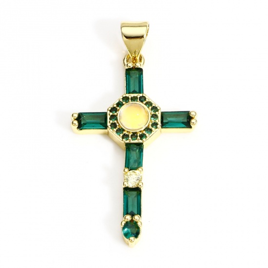 Imagen de 1 Unidad Latón Religión Colgantes Cruz 18K Oro Real Chapado Micro Pave Verde Circón Artificial 3.5cm x 1.8cm