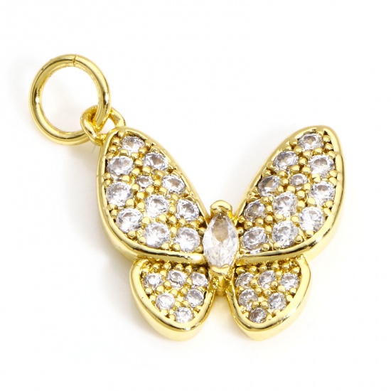 Picture of 1 Piece Brass Insect Charms 18K Real Gold Plated Butterfly Animal Micro Pave Clear Cubic Zirconia 18mm x 15mm                                                                                                                                                 