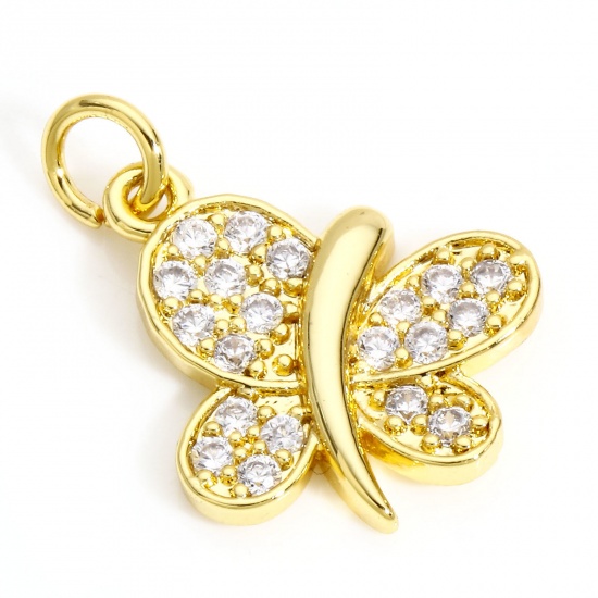 Picture of 1 Piece Brass Insect Charms 18K Real Gold Plated Butterfly Animal Micro Pave Clear Cubic Zirconia 18mm x 16mm                                                                                                                                                 