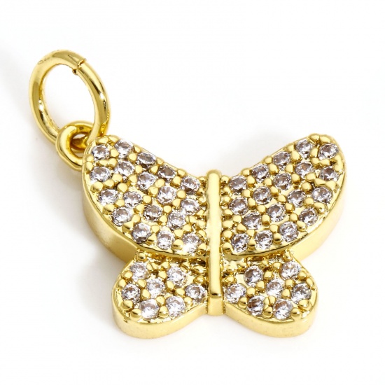 Picture of 1 Piece Brass Insect Charms 18K Real Gold Plated Butterfly Animal Micro Pave Clear Cubic Zirconia 15mm x 14mm                                                                                                                                                 