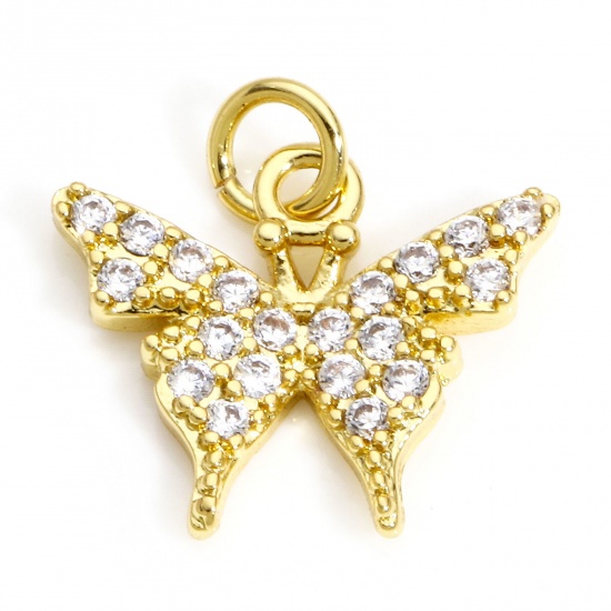 Picture of 1 Piece Brass Insect Charms 18K Real Gold Plated Butterfly Animal Micro Pave Clear Cubic Zirconia 14mm x 13mm                                                                                                                                                 
