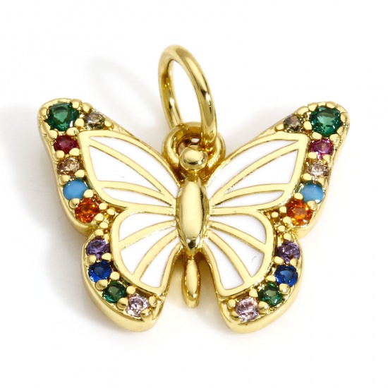 Picture of 1 Piece Brass Insect Charms 18K Real Gold Plated White Butterfly Animal Enamel Multicolour Cubic Zirconia 13.5mm x 13mm                                                                                                                                       