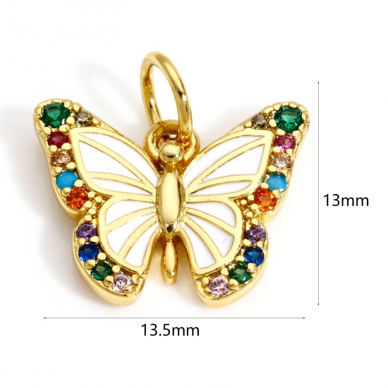 Immagine di 1 Pz Ottone Insetto Charms Farfalla 18K Vero Oro Placcato Bianco Smalto Multicolore Cubic Zirconiae 13.5mm x 13mm