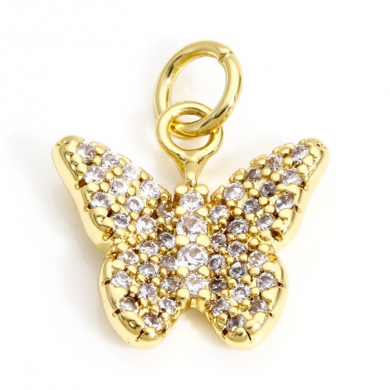 Picture of 1 Piece Brass Insect Charms 18K Real Gold Plated Butterfly Animal Micro Pave Clear Cubic Zirconia 17mm x 13mm                                                                                                                                                 
