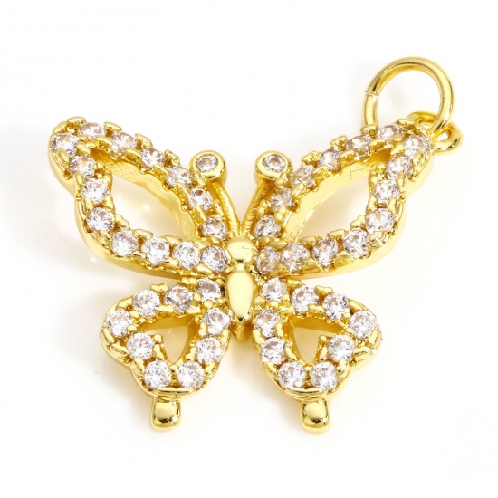 Picture of 1 Piece Brass Insect Charms 18K Real Gold Plated Butterfly Animal Micro Pave Clear Cubic Zirconia 20mm x 20mm                                                                                                                                                 