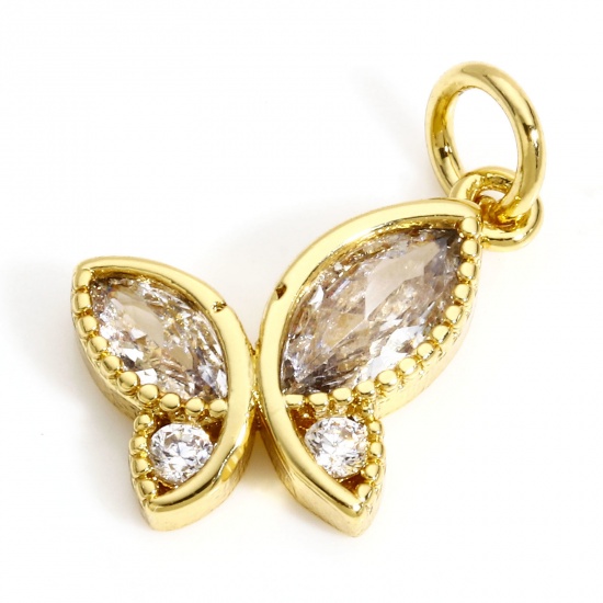 Picture of 1 Piece Brass Insect Charms 18K Real Gold Plated Butterfly Animal Clear Cubic Zirconia 16mm x 15mm                                                                                                                                                            