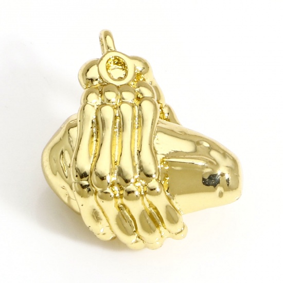 Picture of 1 Piece Brass Halloween Charms 18K Real Gold Plated Skeleton Hand 15mm x 14mm                                                                                                                                                                                 