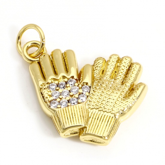 Picture of 1 Piece Brass Charms 18K Real Gold Plated Glove Micro Pave Clear Cubic Zirconia 19mm x 18mm                                                                                                                                                                   