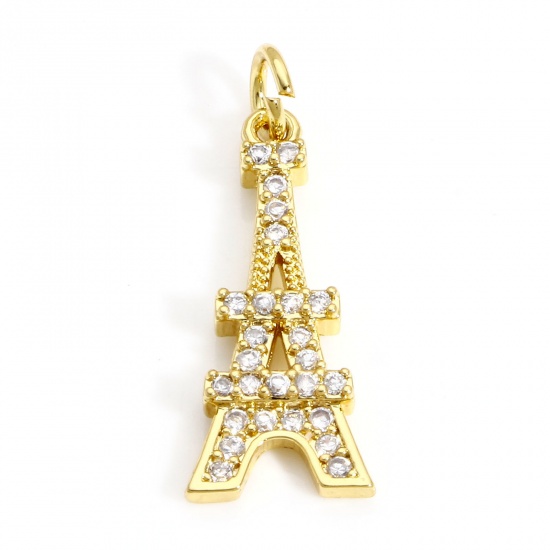 Picture of 1 Piece Brass Travel Charms 18K Real Gold Plated Eiffel Tower Micro Pave Clear Cubic Zirconia 25mm x 9mm                                                                                                                                                      