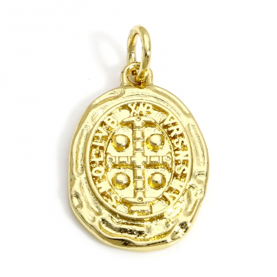 Picture of 1 Piece Brass Religious Charms 18K Real Gold Plated Oval Cross 21.5mm x 12mm                                                                                                                                                                                  