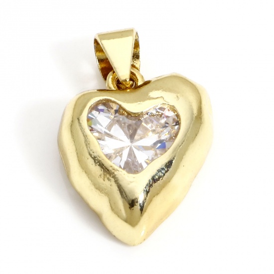 Picture of 1 Piece Brass Valentine's Day Charms 18K Real Gold Plated Heart Clear Cubic Zirconia 21mm x 13mm                                                                                                                                                              