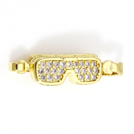 Picture of 1 Piece Brass Sport Charms 18K Real Gold Plated Swim Goggles Micro Pave Clear Cubic Zirconia 25.5mm x 6mm                                                                                                                                                     
