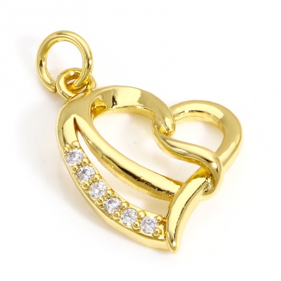 Picture of 1 Piece Brass Valentine's Day Charms 18K Real Gold Plated Heart Micro Pave Clear Cubic Zirconia 20mm x 14mm                                                                                                                                                   