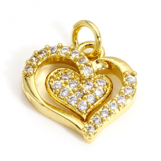 Picture of 1 Piece Brass Valentine's Day Charms 18K Real Gold Plated Heart Micro Pave Clear Cubic Zirconia 17mm x 14mm                                                                                                                                                   