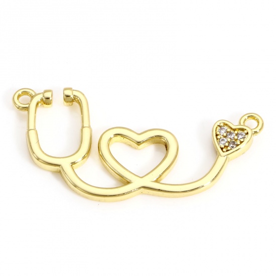 Picture of 1 Piece Brass Medical Charms 18K Real Gold Plated Stethoscope Micro Pave Clear Cubic Zirconia 28mm x 13mm                                                                                                                                                     