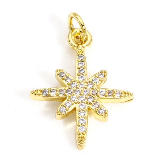 Picture of 1 Piece Brass Galaxy Charms 18K Real Gold Plated Star Micro Pave Clear Cubic Zirconia 23mm x 16mm                                                                                                                                                             