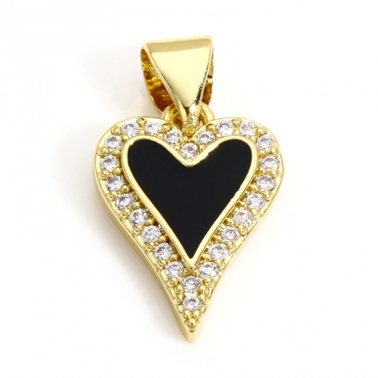 Picture of 1 Piece Brass Valentine's Day Charm Pendant 18K Real Gold Plated Black Heart Enamel Clear Cubic Zirconia 19mm x 10.5mm