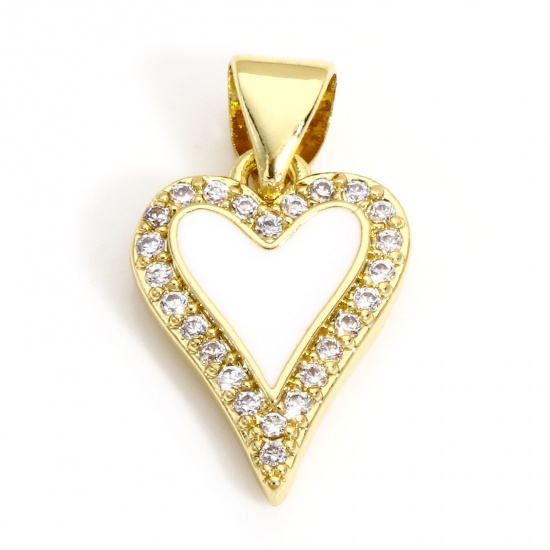 Picture of 1 Piece Brass Valentine's Day Charm Pendant 18K Real Gold Plated White Heart Enamel Clear Cubic Zirconia 19mm x 10.5mm
