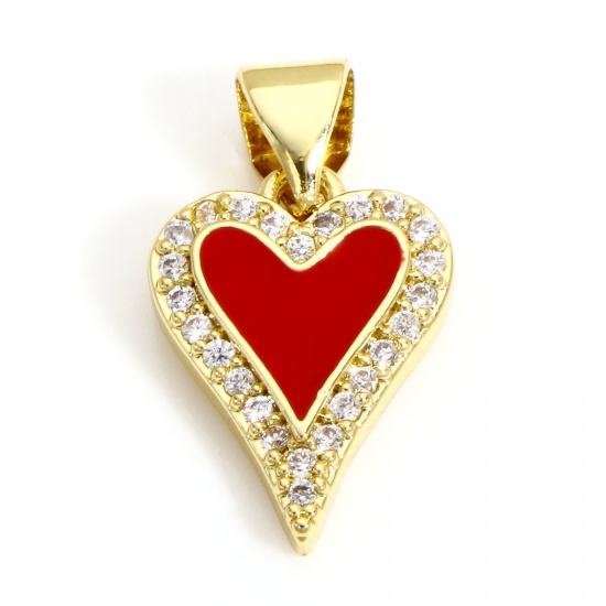 Picture of 1 Piece Brass Valentine's Day Charm Pendant 18K Real Gold Plated Red Heart Enamel Clear Cubic Zirconia 19mm x 10.5mm