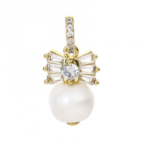 Picture of 1 Piece Pearl & Brass Charms 18K Real Gold Plated Fan-shaped Clear Cubic Zirconia 24mm x 12mm                                                                                                                                                                 