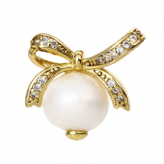 Picture of 1 Piece Pearl & Brass Charms 18K Real Gold Plated Bowknot Clear Cubic Zirconia 16mm x 15mm                                                                                                                                                                    