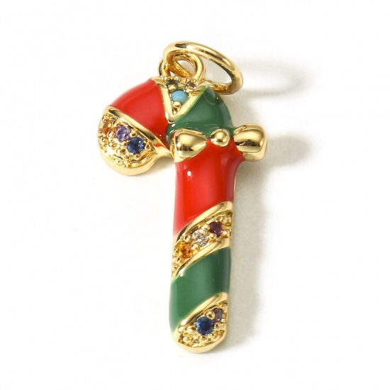 Picture of 1 Piece Brass Christmas Charms 18K Real Gold Plated Red & Green Christmas Candy Cane Enamel Multicolour Cubic Zirconia 23mm x 10mm