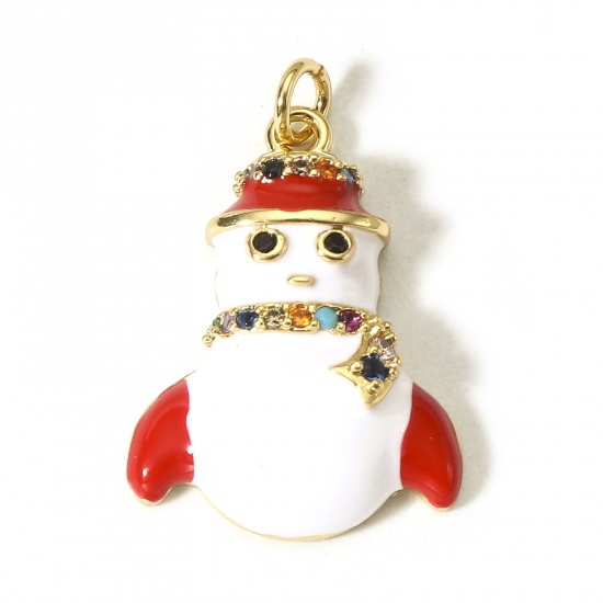 Picture of 1 Piece Brass Christmas Charms 18K Real Gold Plated White & Red Christmas Snowman Enamel Multicolour Cubic Zirconia 22mm x 14.5mm