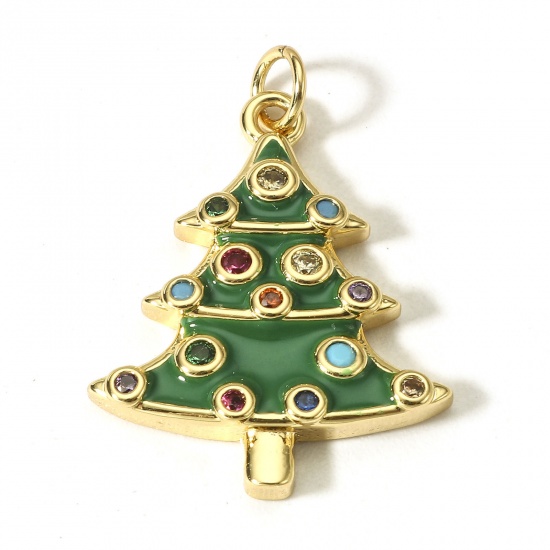 Picture of 1 Piece Brass Christmas Charms 18K Real Gold Plated Green Christmas Tree Enamel Multicolour Cubic Zirconia 22.5mm x 16mm