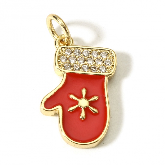 Picture of 1 Piece Brass Christmas Charms 18K Real Gold Plated Red Glove Snowflake Enamel Clear Cubic Zirconia 20mm x 10mm