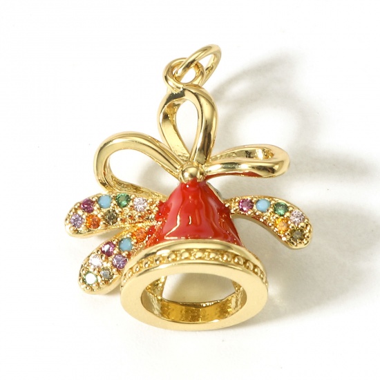 Picture of 1 Piece Brass Christmas Charms 18K Real Gold Plated Red Bell 3D Multicolour Cubic Zirconia 22.5mm x 17mm