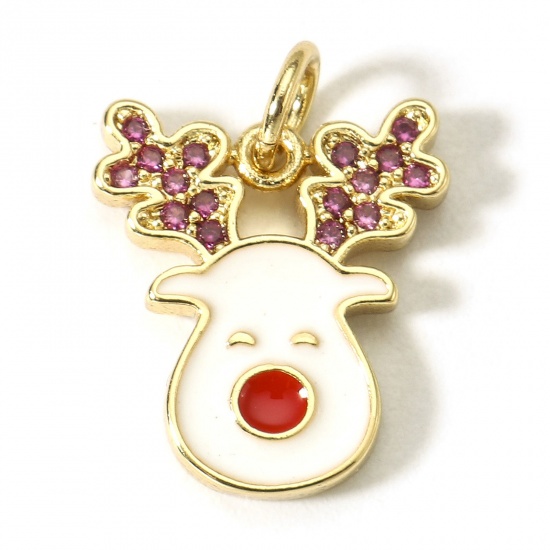 Picture of 1 Piece Brass Christmas Charms 18K Real Gold Plated White & Red Pere David's Deer Enamel Fuchsia Cubic Zirconia 18mm x 13mm