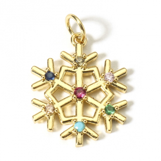 Picture of 1 Piece Brass Christmas Charms 18K Real Gold Plated Christmas Snowflake Multicolour Cubic Zirconia 23mm x 16mm