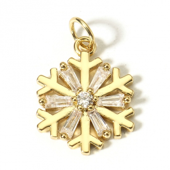 Picture of 1 Piece Brass Christmas Charms 18K Real Gold Plated Christmas Snowflake Clear Cubic Zirconia 20mm x 13mm