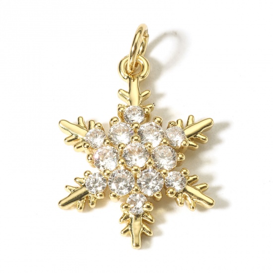 Picture of 1 Piece Brass Christmas Charms 18K Real Gold Plated Christmas Snowflake Micro Pave Clear Cubic Zirconia 23mm x 15mm